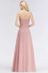 Gorgeous Sweetheart Ruched Long Bridesmaid Dress Dusty Rose Chiffon Strapless Maid of Honor Dress-27dress